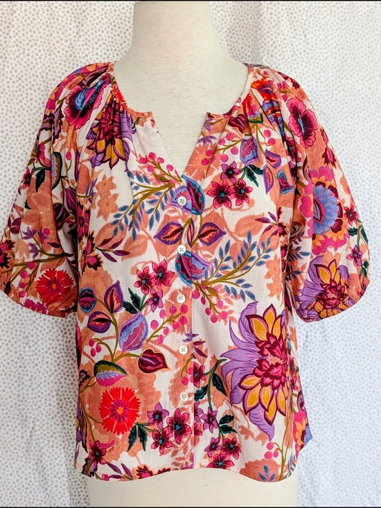 Liverpool Tops - Liverpool Peach Floral Button-Front Top with Pink and Purple Accents